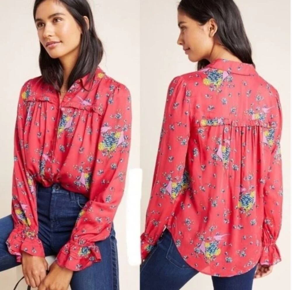 Anthropologie Maeve Fredericka Red Bird Floral Blouse size 0
